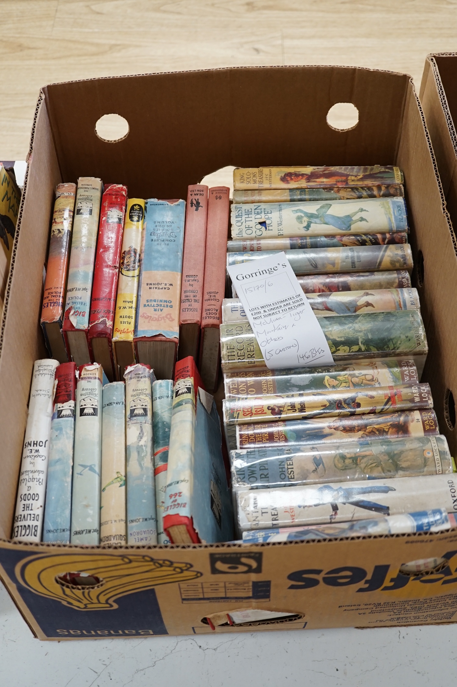 Children's Books - mostly illus. and in d/wrappers, including Biggles books; the Westermans; MacVicar's Tiger Mountain, Capon's The Cave of Cornelius; (1950's / 60's), approx. 120.